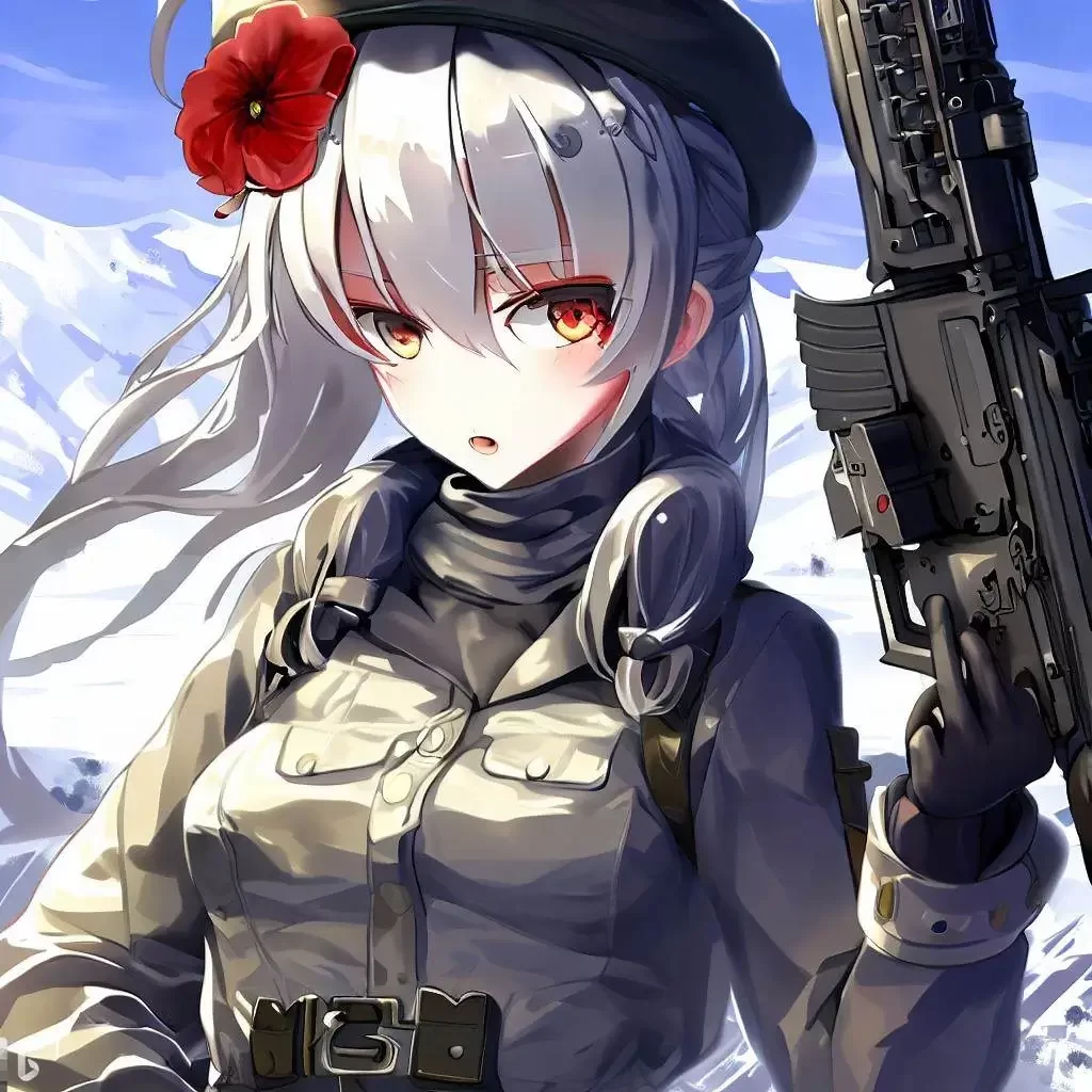 finely-detailed-full-body-portrait-anime-girl-anime-white-hair-red-eye-beret-with-iris-flower-ornament-AK-47-gray-military-uniform-fantasy-snow-mountain