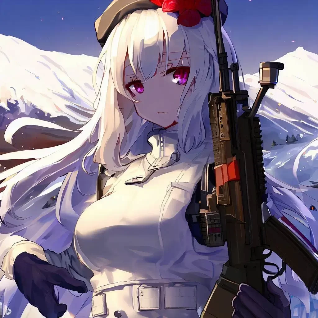 full-body-portrait-from-bellow-anime-girl-anime-white-hair-red-eye-beret-Lily-flower-ornament-AK-47-white-military-uniform-fantasy-snow-mountain-finely-detailed