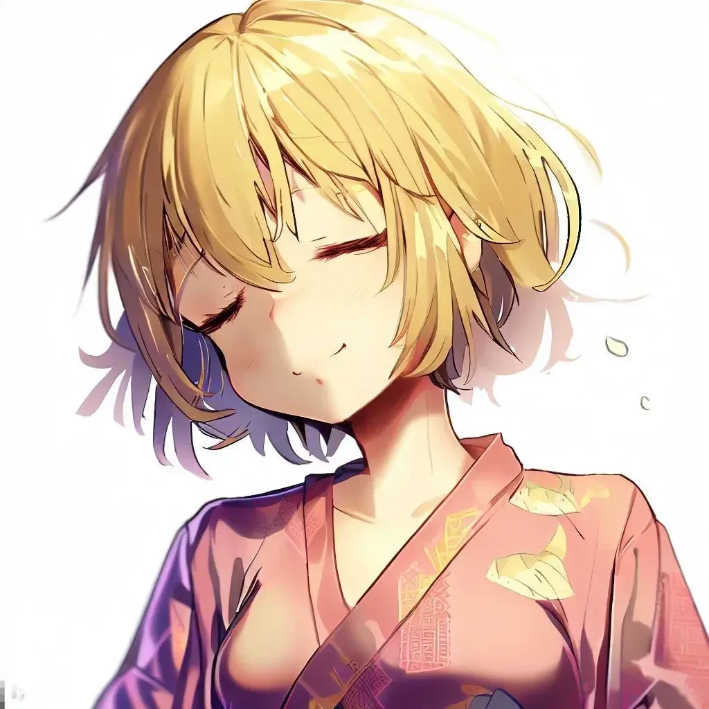 happy-anime-girl-with-sleeping-habit-short-hair-gold-hair-sweating-kimono