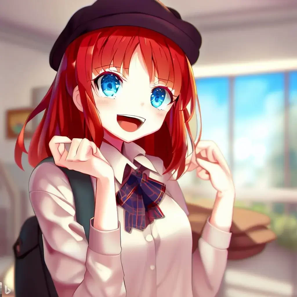 slim-anime-girl-beret-red-hair-japanese-school-uniform-blue-eye-finely-detailed-happy-apartment