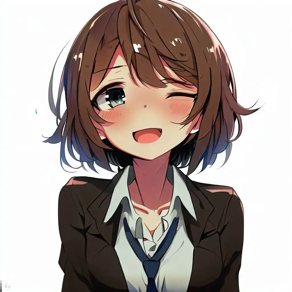 smily-anime-woman-short-hair-brown-hair-sweating-finely-detailed-secretary-suit